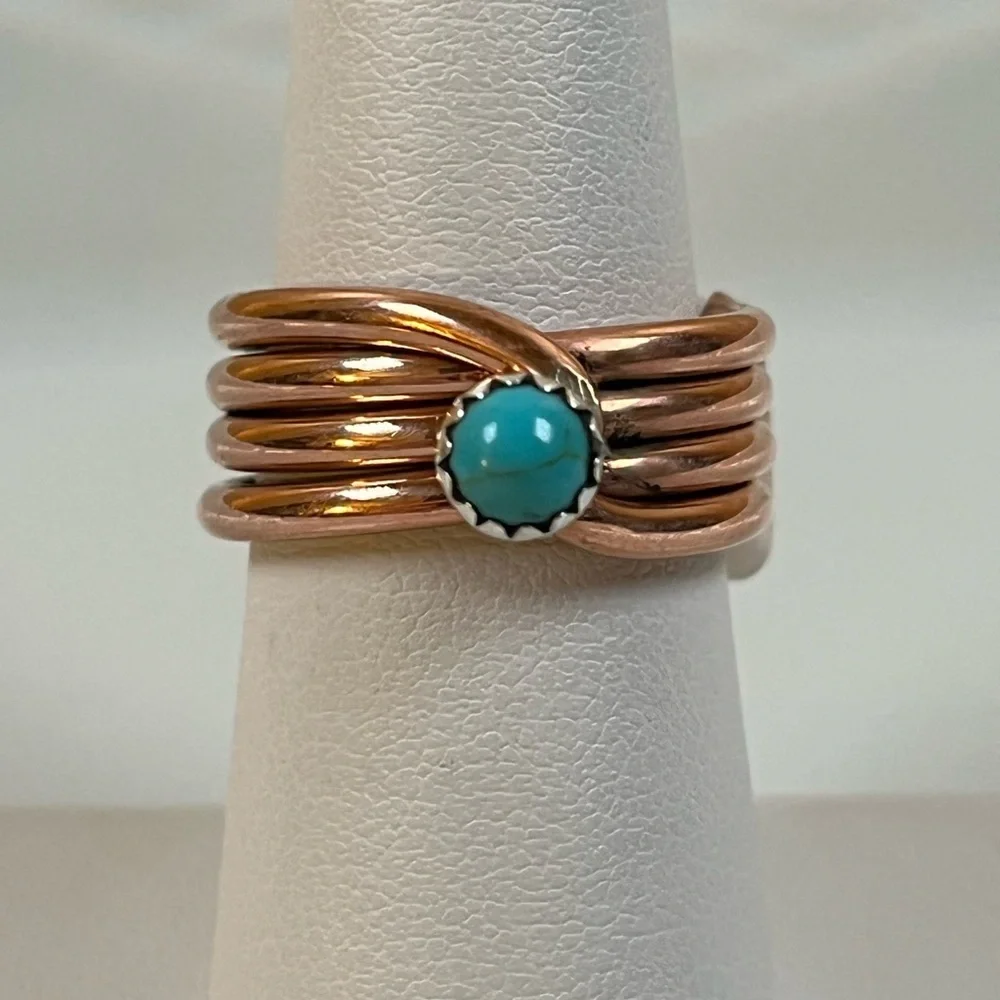 Navajo Handmade By Yolanda Skeets Coiled Copper and Turquoise Ring Size 6